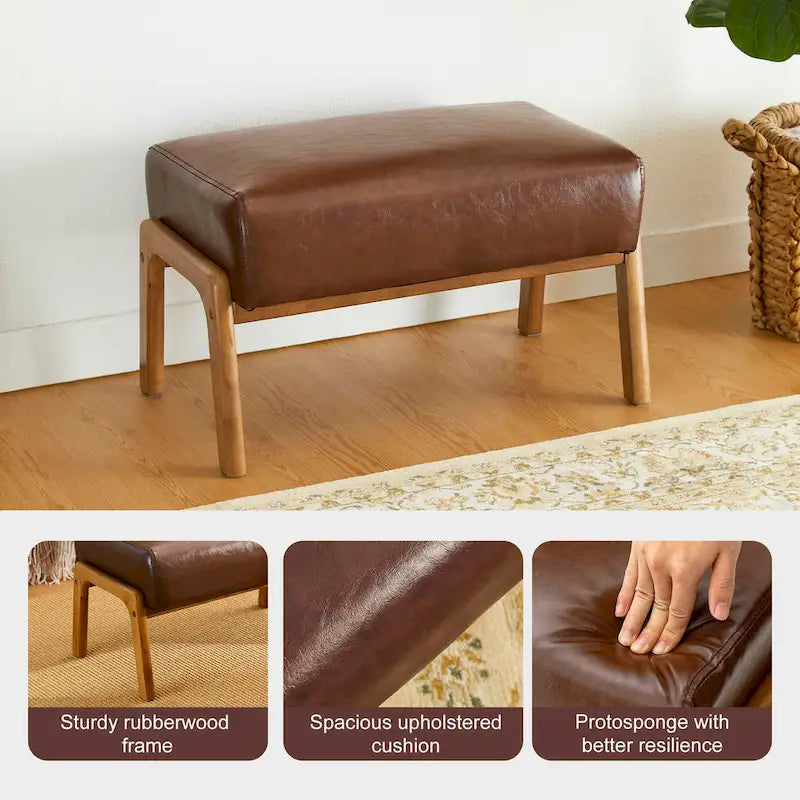 Mid-Century-Akzenthocker aus Kunstleder mit ausgestellten Beinen aus Gummibaumholz