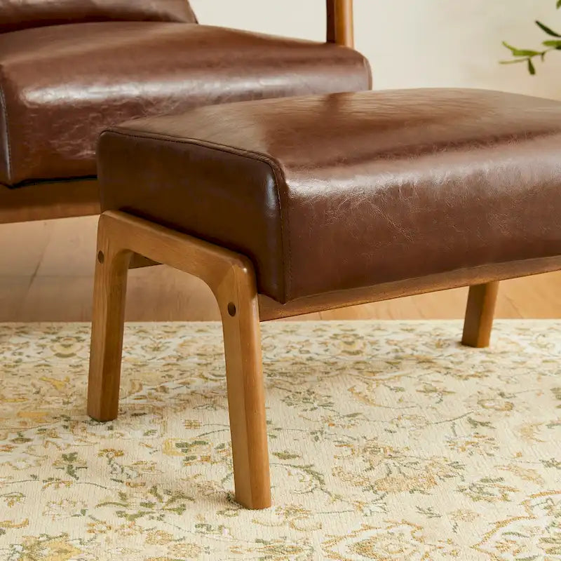 Mid-Century-Akzenthocker aus Kunstleder mit ausgestellten Beinen aus Gummibaumholz