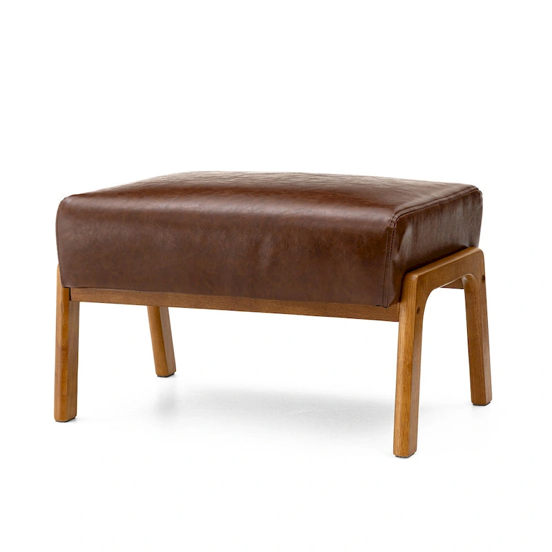 Mid-Century-Akzenthocker aus Kunstleder mit ausgestellten Beinen aus Gummibaumholz