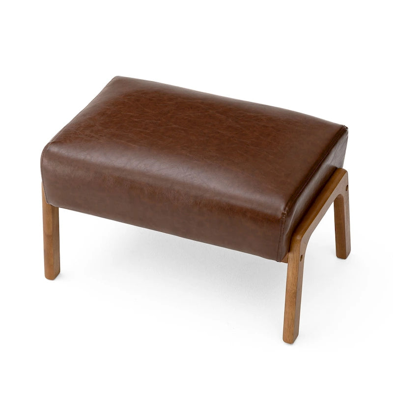 Mid-Century-Akzenthocker aus Kunstleder mit ausgestellten Beinen aus Gummibaumholz