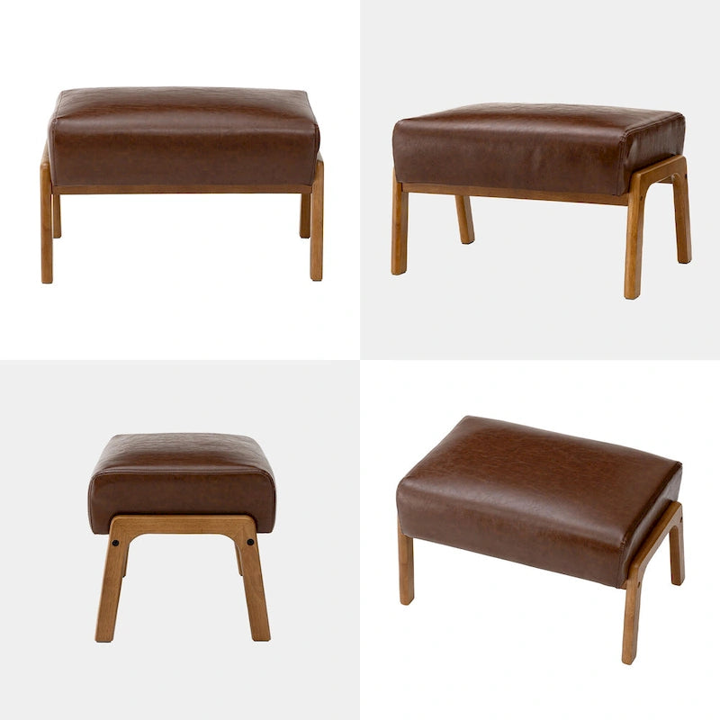 Mid-Century-Akzenthocker aus Kunstleder mit ausgestellten Beinen aus Gummibaumholz