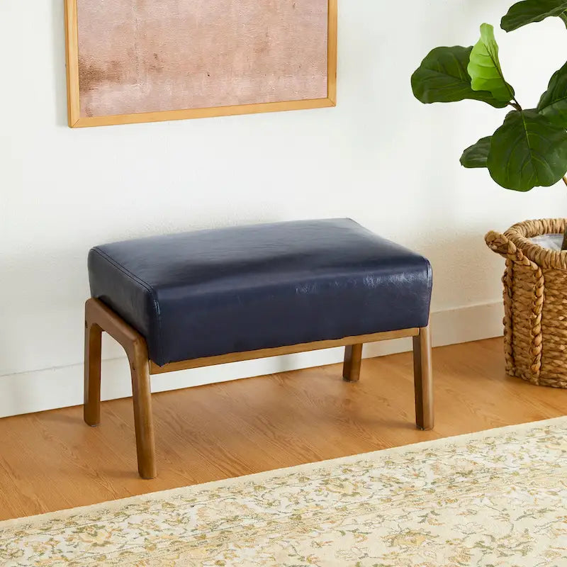 Mid-Century-Akzenthocker aus Kunstleder mit ausgestellten Beinen aus Gummibaumholz