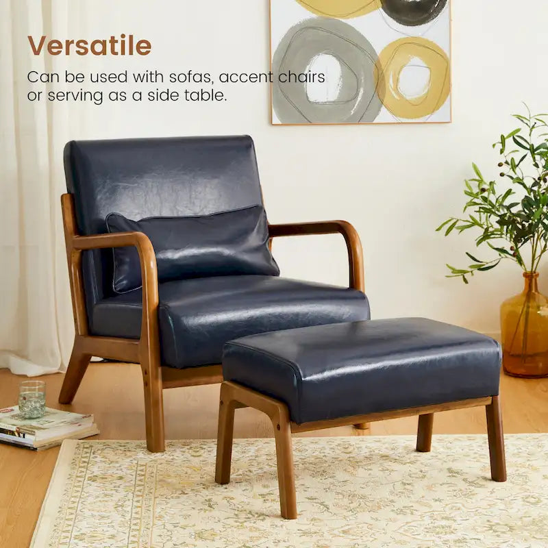 Mid-Century-Akzenthocker aus Kunstleder mit ausgestellten Beinen aus Gummibaumholz