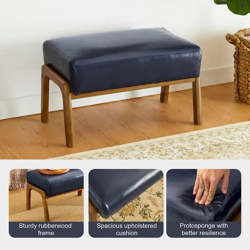 Mid-Century-Akzenthocker aus Kunstleder mit ausgestellten Beinen aus Gummibaumholz