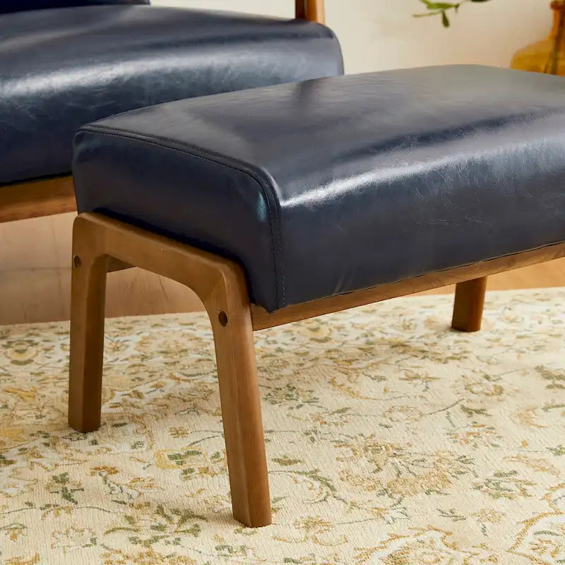 Mid-Century-Akzenthocker aus Kunstleder mit ausgestellten Beinen aus Gummibaumholz