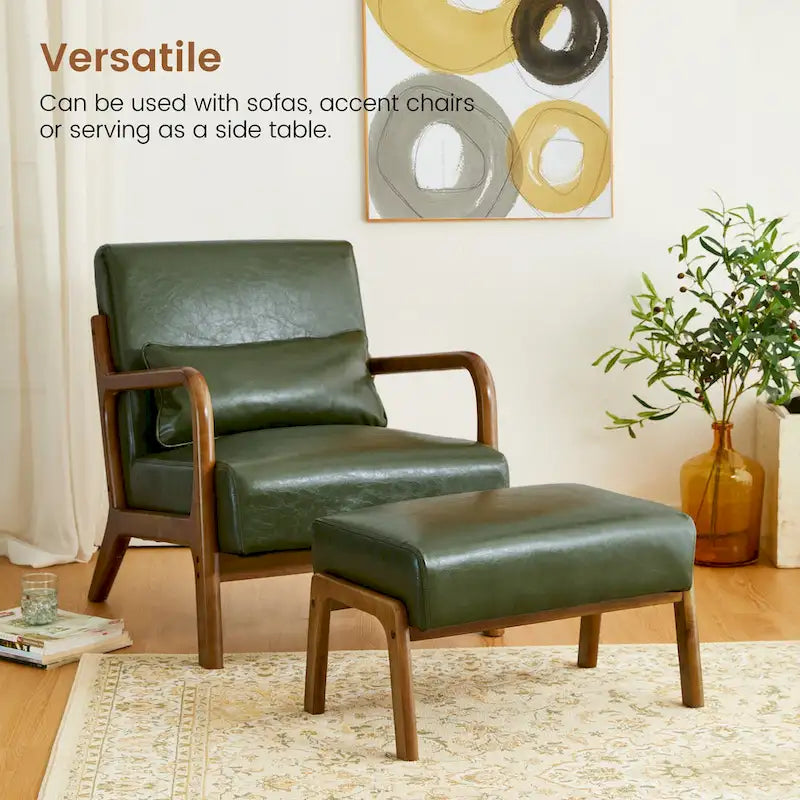 Mid-Century-Akzenthocker aus Kunstleder mit ausgestellten Beinen aus Gummibaumholz