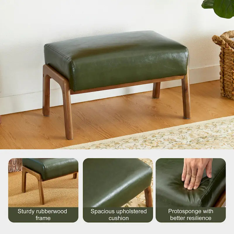 Mid-Century-Akzenthocker aus Kunstleder mit ausgestellten Beinen aus Gummibaumholz