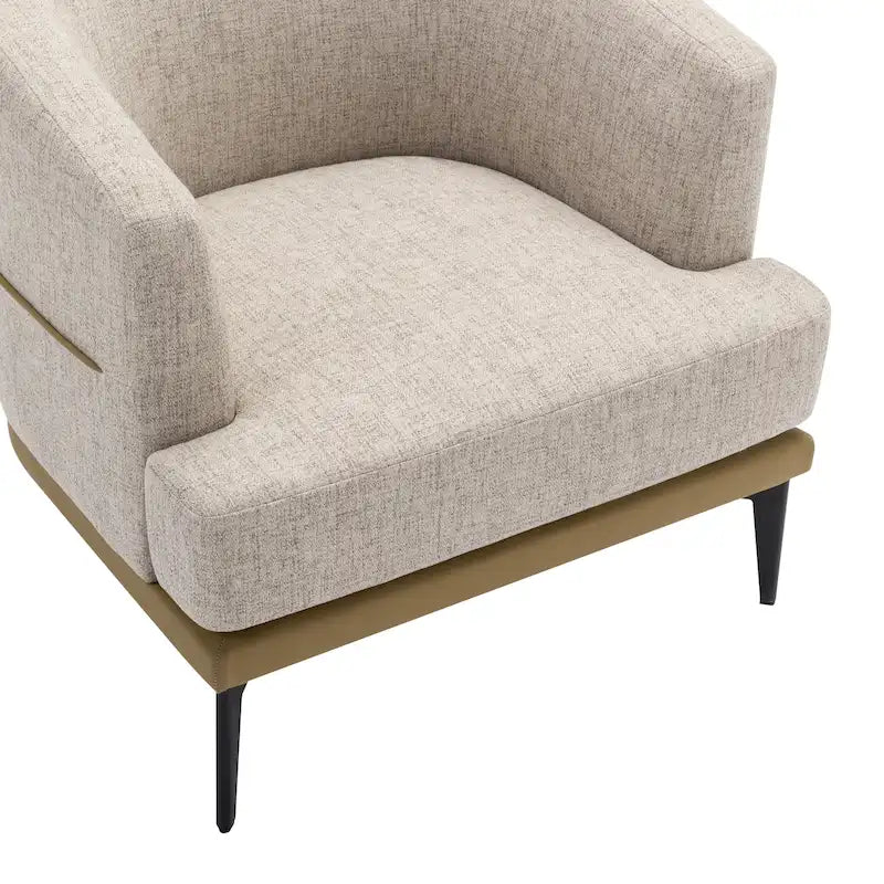 Poltrona decorativa bicolore a botte in lino e pelle PU con gambe in metallo
