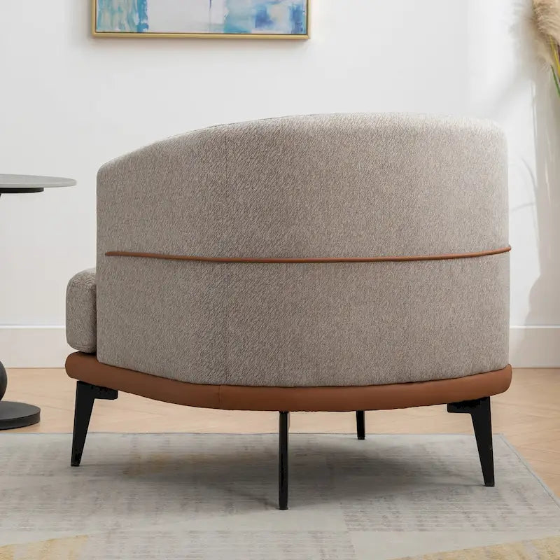 Poltrona decorativa bicolore a botte in lino e pelle PU con gambe in metallo