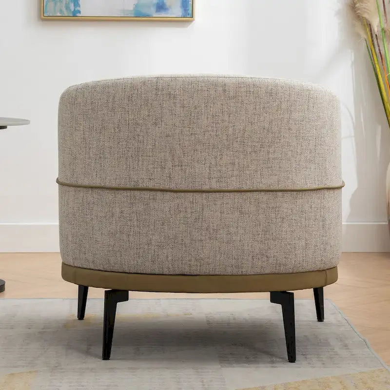 Poltrona decorativa bicolore a botte in lino e pelle PU con gambe in metallo