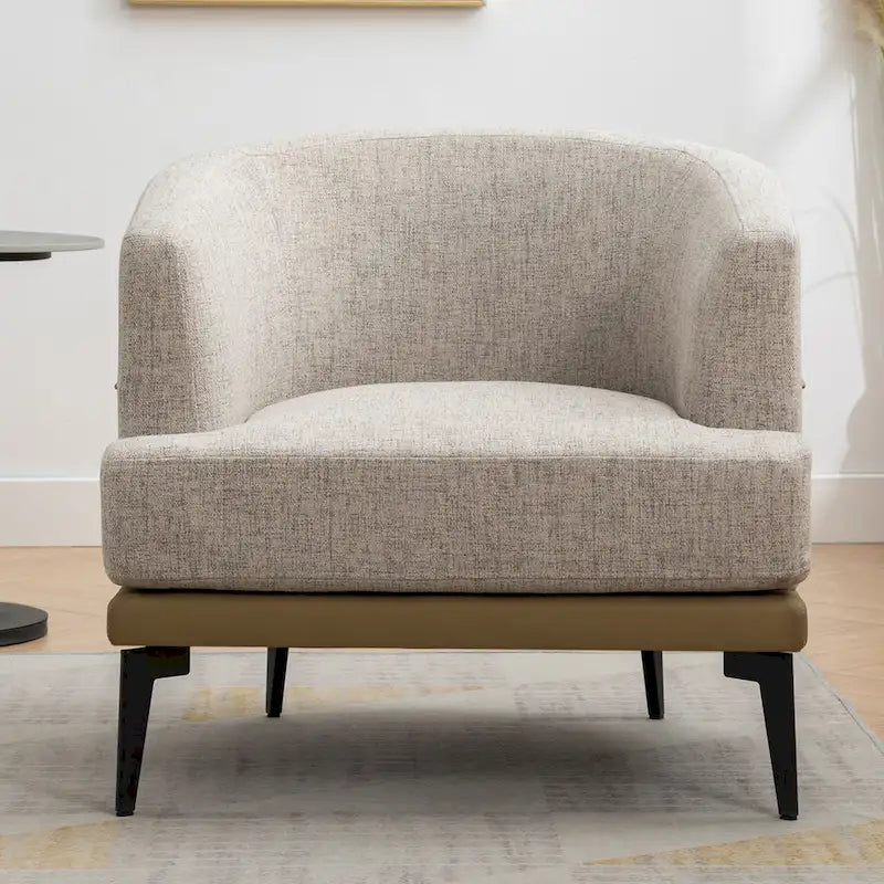 Poltrona decorativa bicolore a botte in lino e pelle PU con gambe in metallo