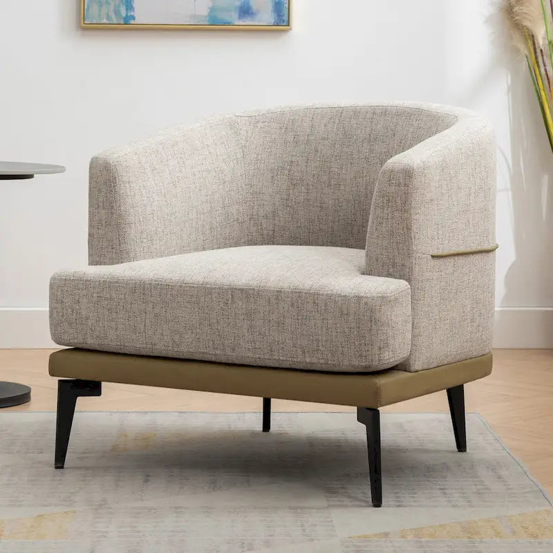 Poltrona decorativa bicolore a botte in lino e pelle PU con gambe in metallo