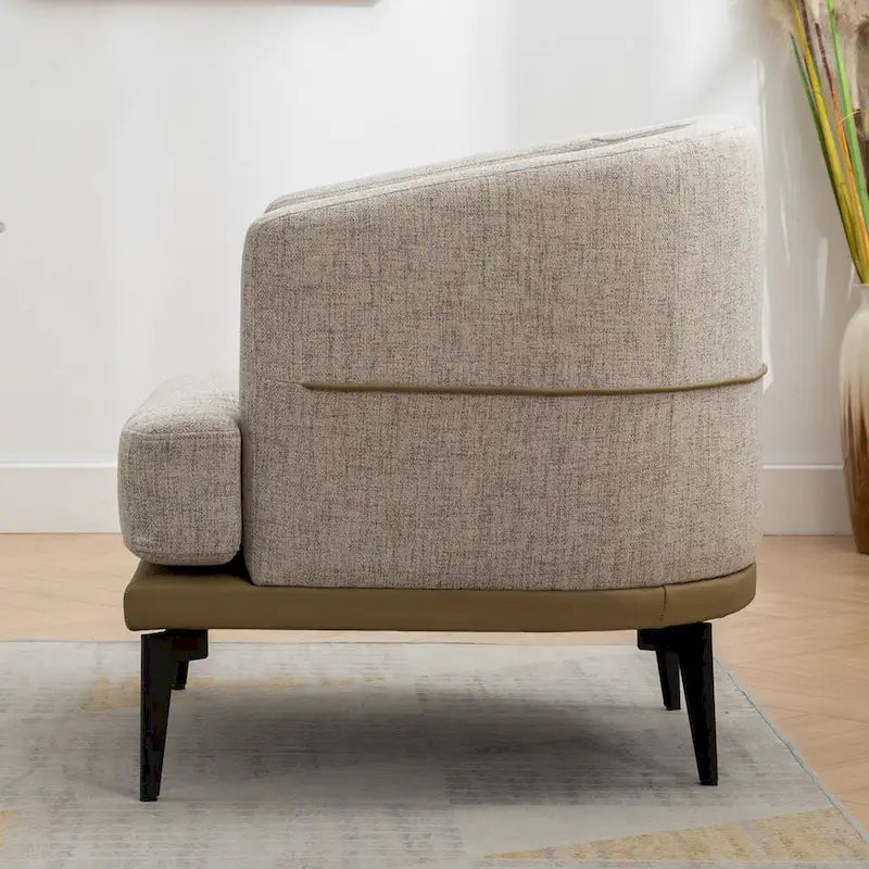 Poltrona decorativa bicolore a botte in lino e pelle PU con gambe in metallo
