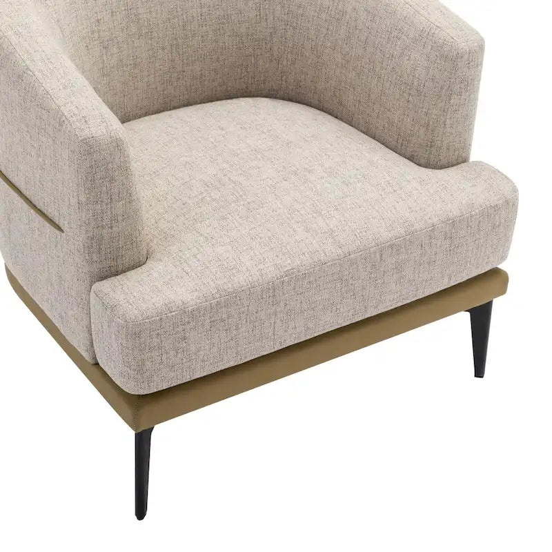 Poltrona decorativa bicolore a botte in lino e pelle PU con gambe in metallo