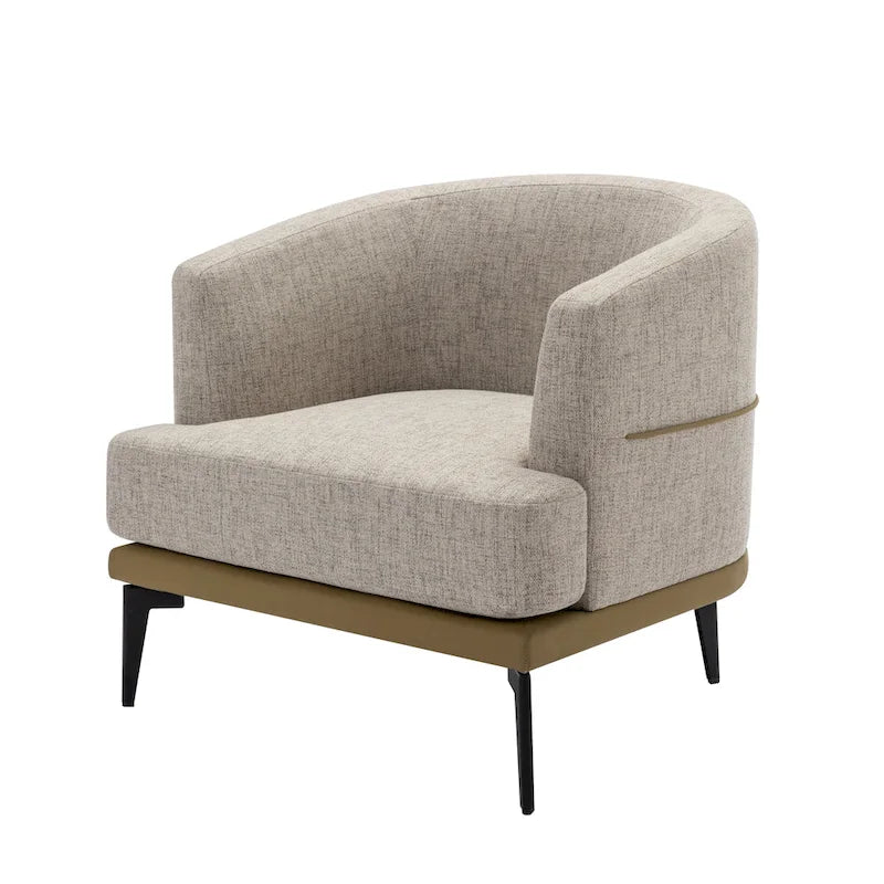 Poltrona decorativa bicolore a botte in lino e pelle PU con gambe in metallo
