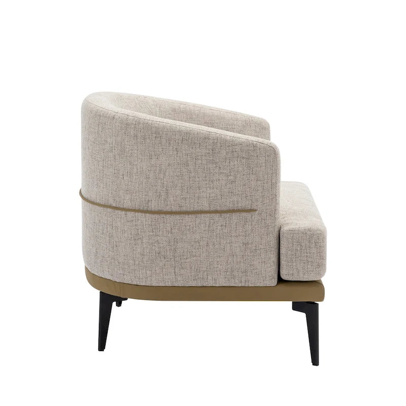 Poltrona decorativa bicolore a botte in lino e pelle PU con gambe in metallo