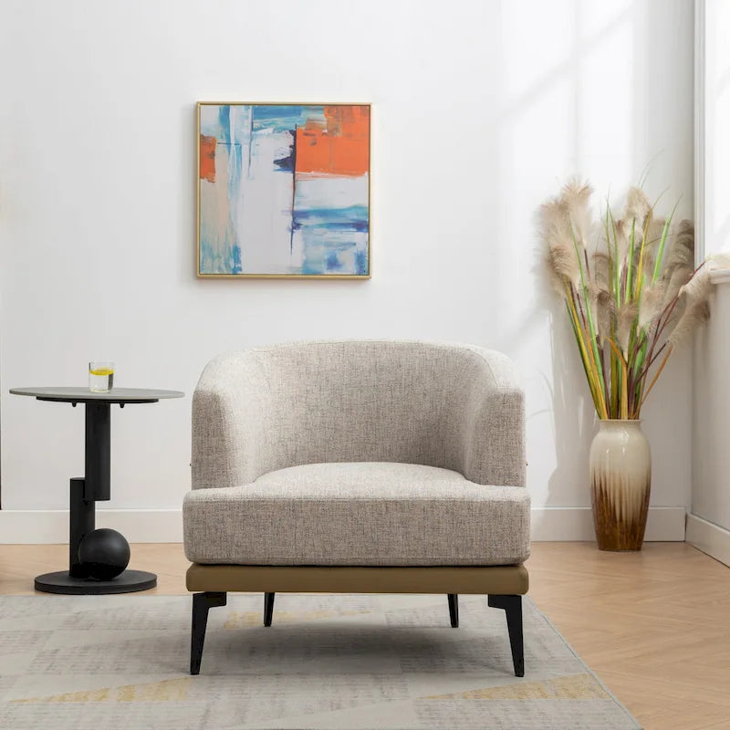 Poltrona decorativa bicolore a botte in lino e pelle PU con gambe in metallo