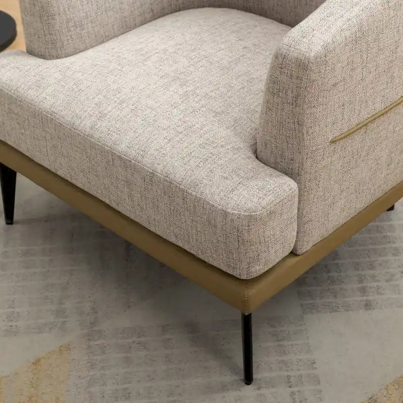 Poltrona decorativa bicolore a botte in lino e pelle PU con gambe in metallo