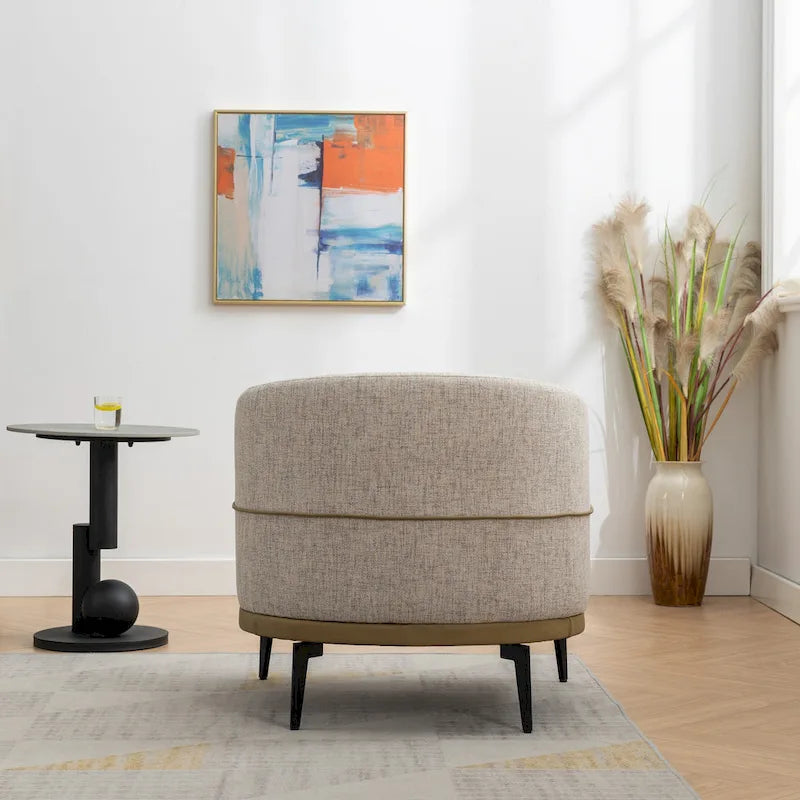 Poltrona decorativa bicolore a botte in lino e pelle PU con gambe in metallo