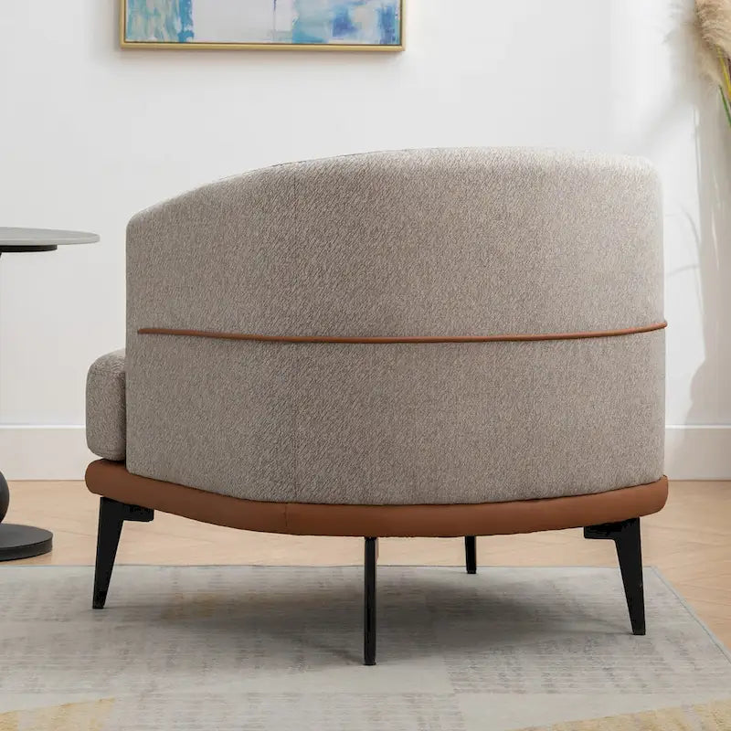 Poltrona decorativa bicolore a botte in lino e pelle PU con gambe in metallo