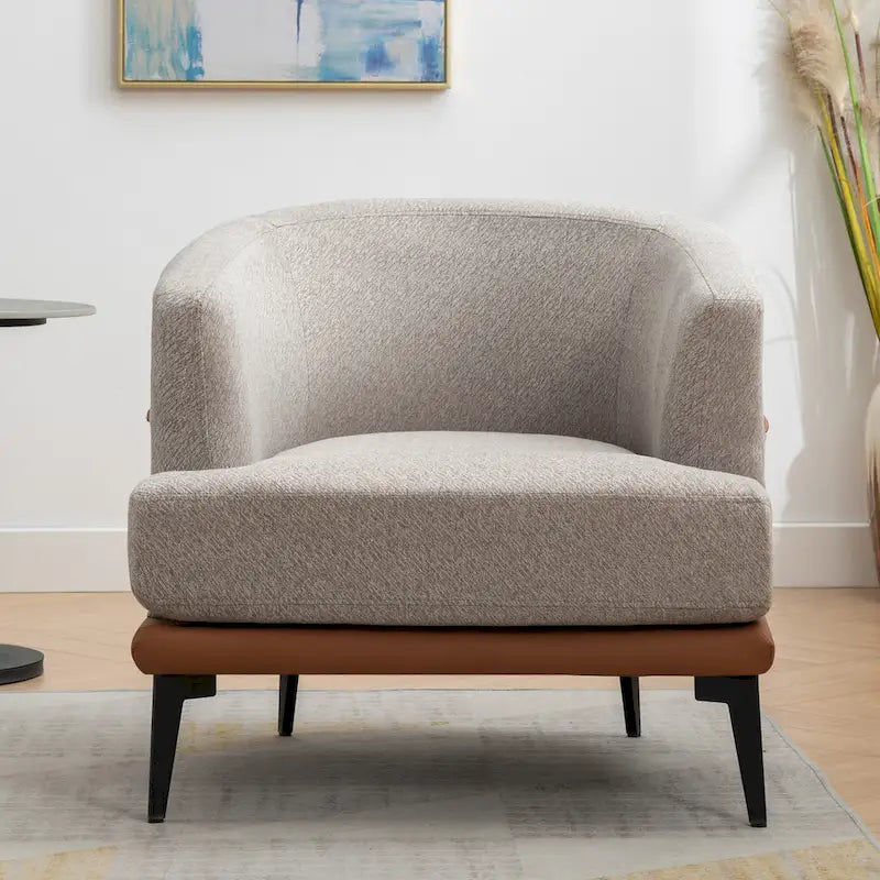 Poltrona decorativa bicolore a botte in lino e pelle PU con gambe in metallo