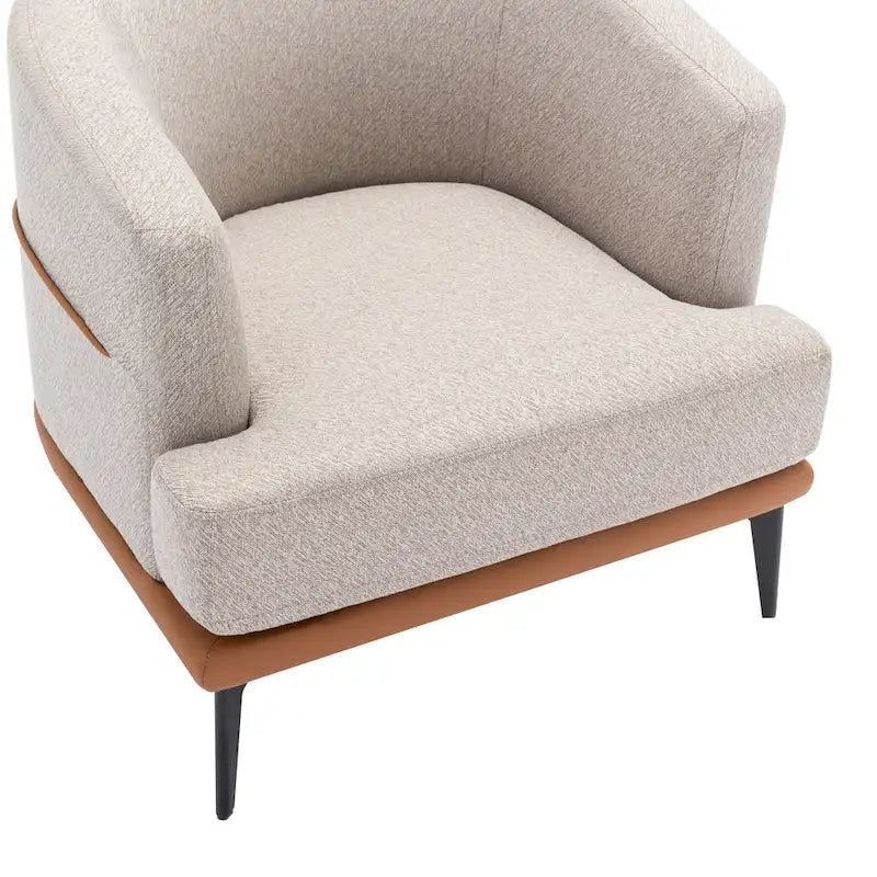 Poltrona decorativa bicolore a botte in lino e pelle PU con gambe in metallo