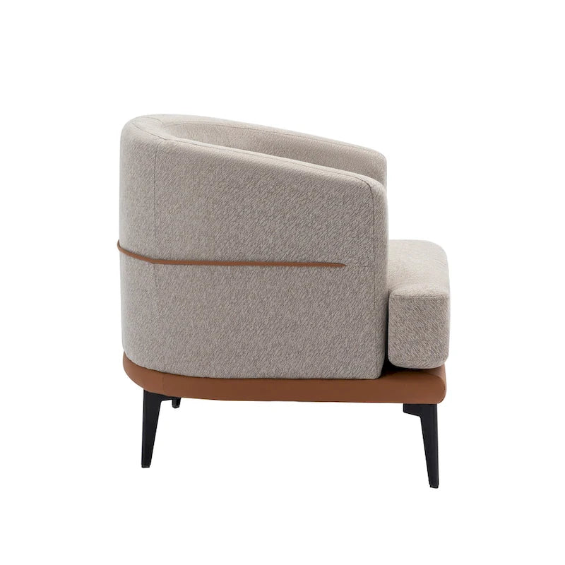 Poltrona decorativa bicolore a botte in lino e pelle PU con gambe in metallo