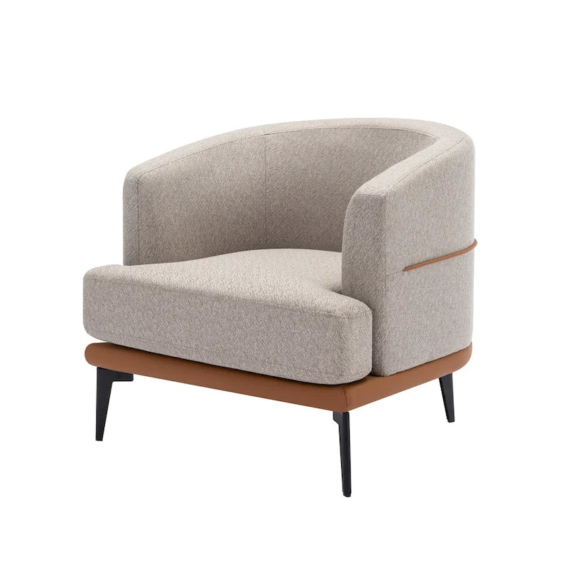 Poltrona decorativa bicolore a botte in lino e pelle PU con gambe in metallo
