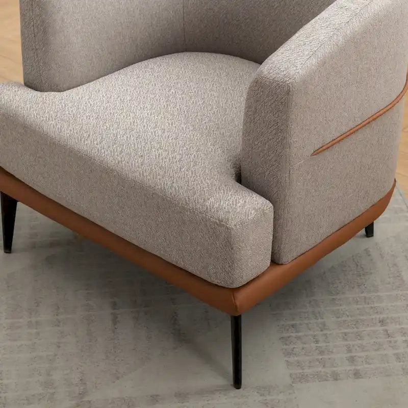 Poltrona decorativa bicolore a botte in lino e pelle PU con gambe in metallo