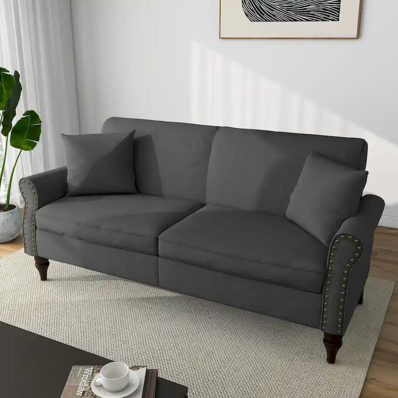 Mid-Century Modern Linen Loveseat Sofa with Nailhead Trim & Rolled Arms