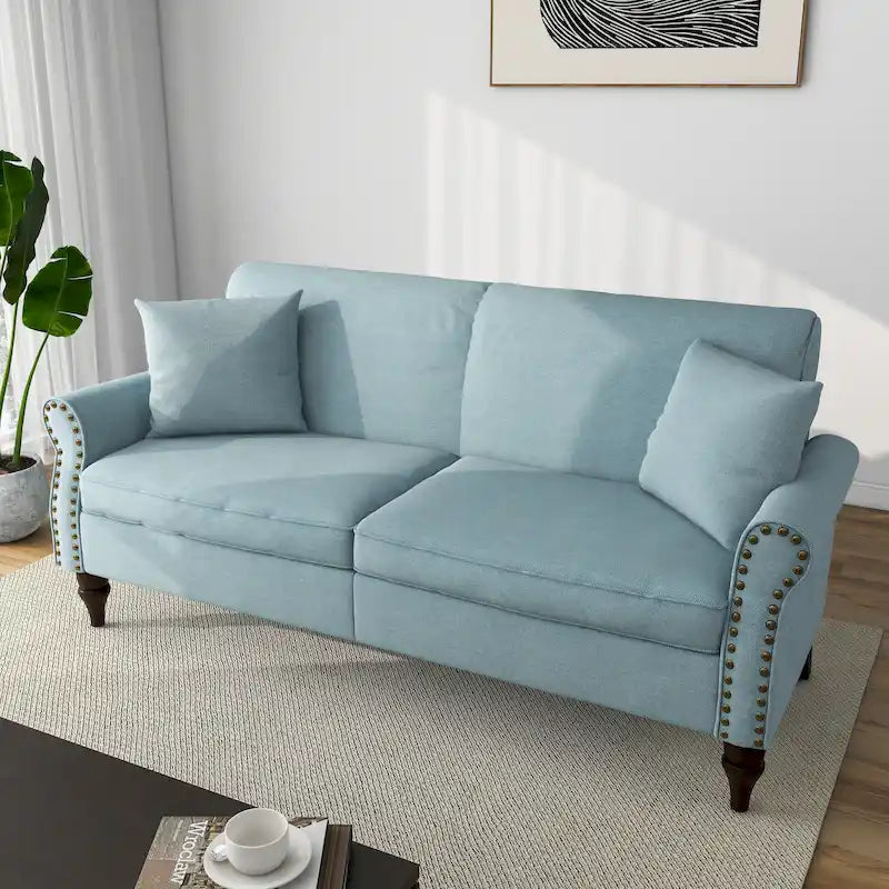 Mid-Century Modern Linen Loveseat Sofa with Nailhead Trim & Rolled Arms
