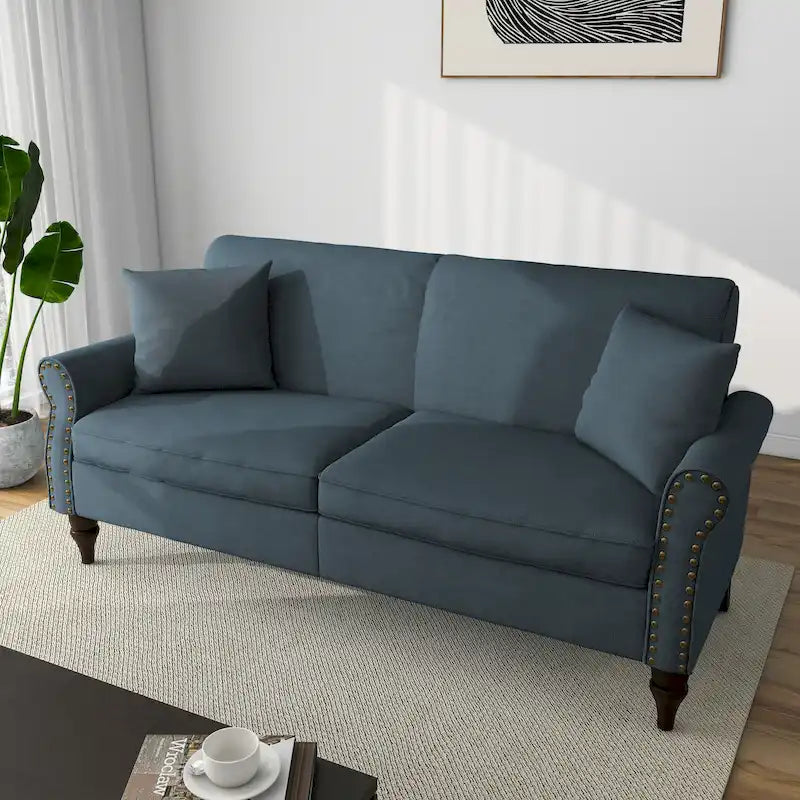 Mid-Century Modern Linen Loveseat Sofa with Nailhead Trim & Rolled Arms