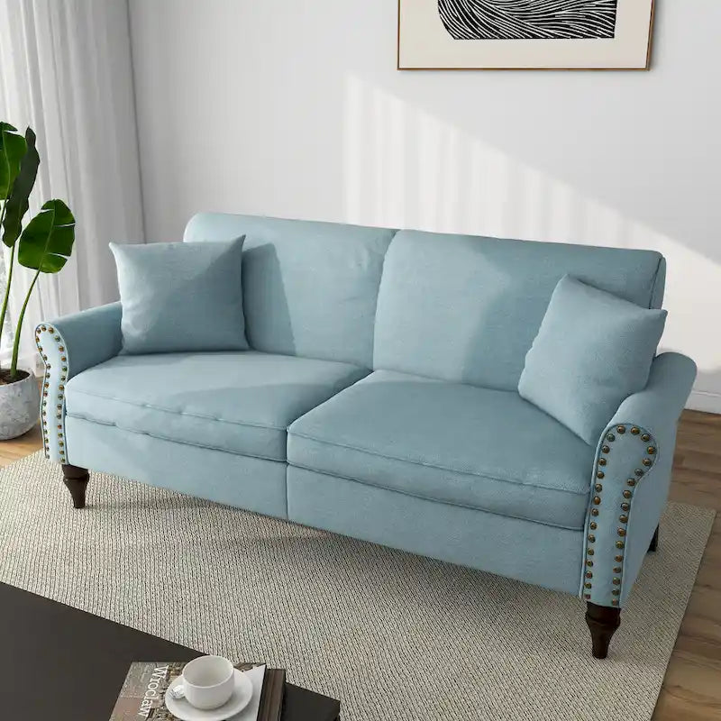 Mid-Century-Modern-Loveseat-Sofa aus Leinen mit Nagelkopfbesatz und gerollten Armlehnen