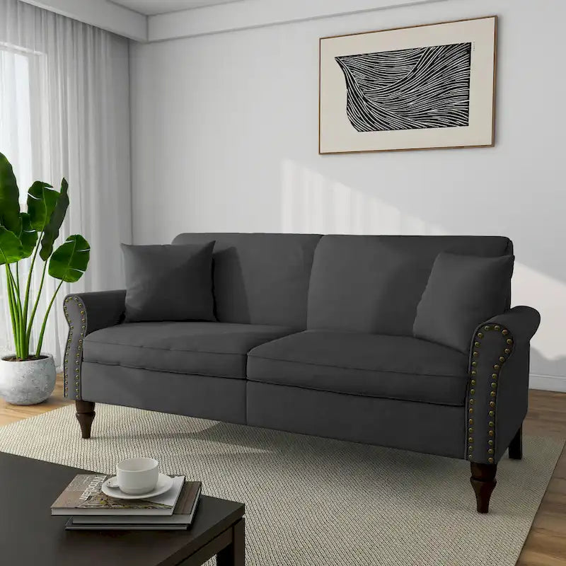 Mid-Century-Modern-Loveseat-Sofa aus Leinen mit Nagelkopfbesatz und gerollten Armlehnen