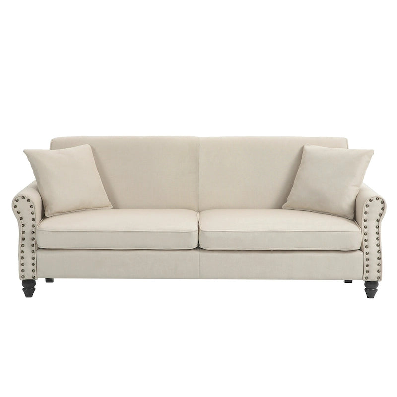 Mid-Century Modern Linen Loveseat Sofa with Nailhead Trim & Rolled Arms