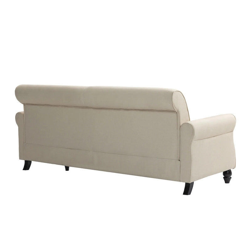 Mid-Century-Modern-Loveseat-Sofa aus Leinen mit Nagelkopfbesatz und gerollten Armlehnen
