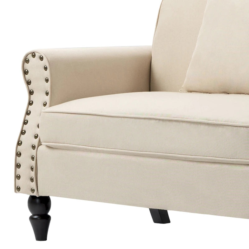 Mid-Century-Modern-Loveseat-Sofa aus Leinen mit Nagelkopfbesatz und gerollten Armlehnen