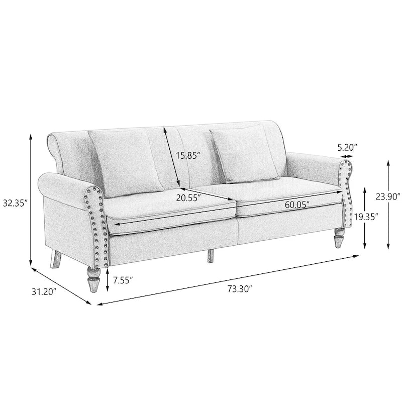 Mid-Century-Modern-Loveseat-Sofa aus Leinen mit Nagelkopfbesatz und gerollten Armlehnen