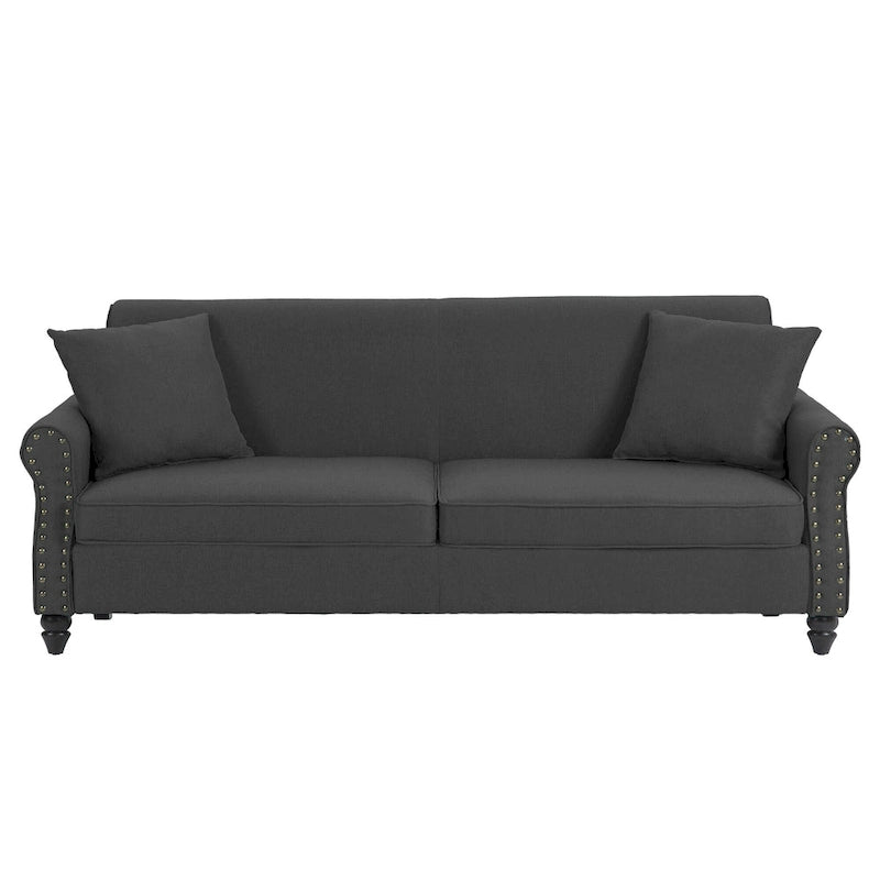 Mid-Century-Modern-Loveseat-Sofa aus Leinen mit Nagelkopfbesatz und gerollten Armlehnen
