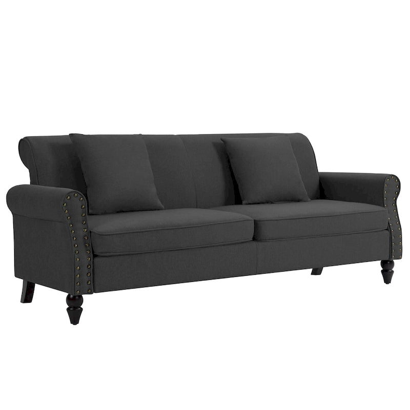 Mid-Century-Modern-Loveseat-Sofa aus Leinen mit Nagelkopfbesatz und gerollten Armlehnen