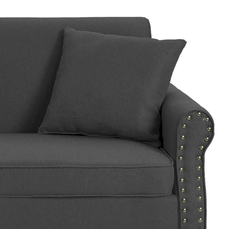 Mid-Century-Modern-Loveseat-Sofa aus Leinen mit Nagelkopfbesatz und gerollten Armlehnen