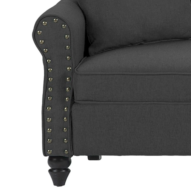 Mid-Century-Modern-Loveseat-Sofa aus Leinen mit Nagelkopfbesatz und gerollten Armlehnen