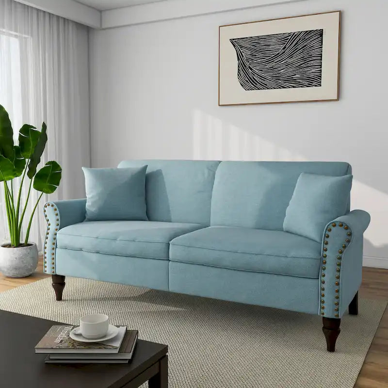 Mid-Century-Modern-Loveseat-Sofa aus Leinen mit Nagelkopfbesatz und gerollten Armlehnen