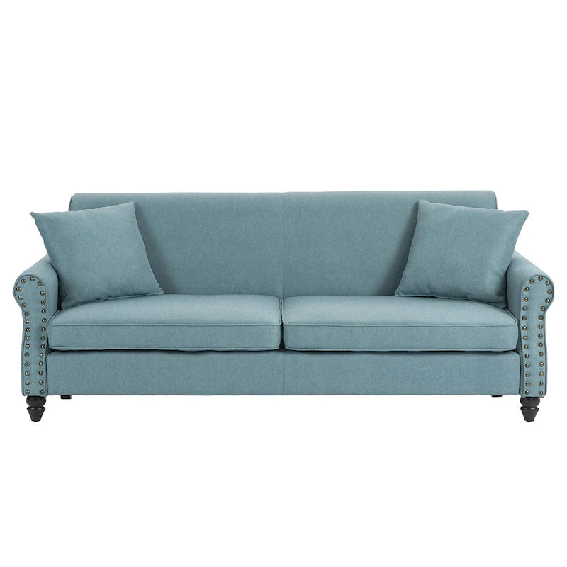 Mid-Century-Modern-Loveseat-Sofa aus Leinen mit Nagelkopfbesatz und gerollten Armlehnen