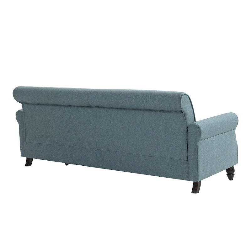 Mid-Century-Modern-Loveseat-Sofa aus Leinen mit Nagelkopfbesatz und gerollten Armlehnen