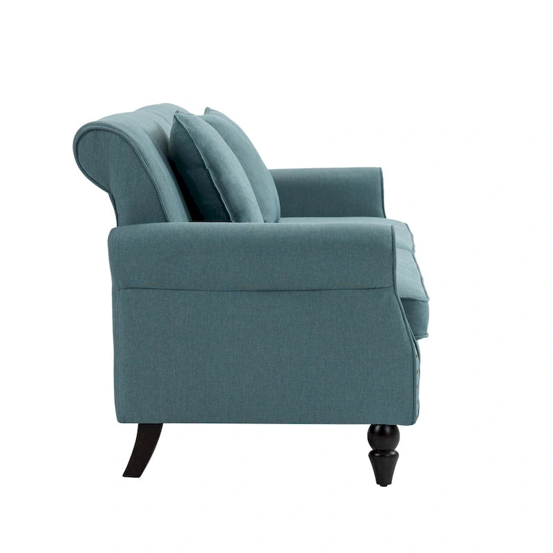 Mid-Century-Modern-Loveseat-Sofa aus Leinen mit Nagelkopfbesatz und gerollten Armlehnen