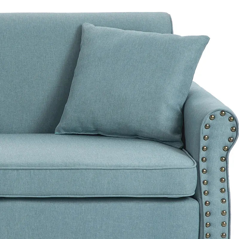 Mid-Century-Modern-Loveseat-Sofa aus Leinen mit Nagelkopfbesatz und gerollten Armlehnen