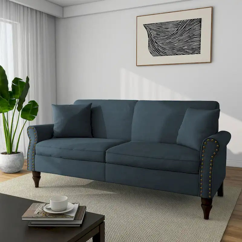 Mid-Century-Modern-Loveseat-Sofa aus Leinen mit Nagelkopfbesatz und gerollten Armlehnen