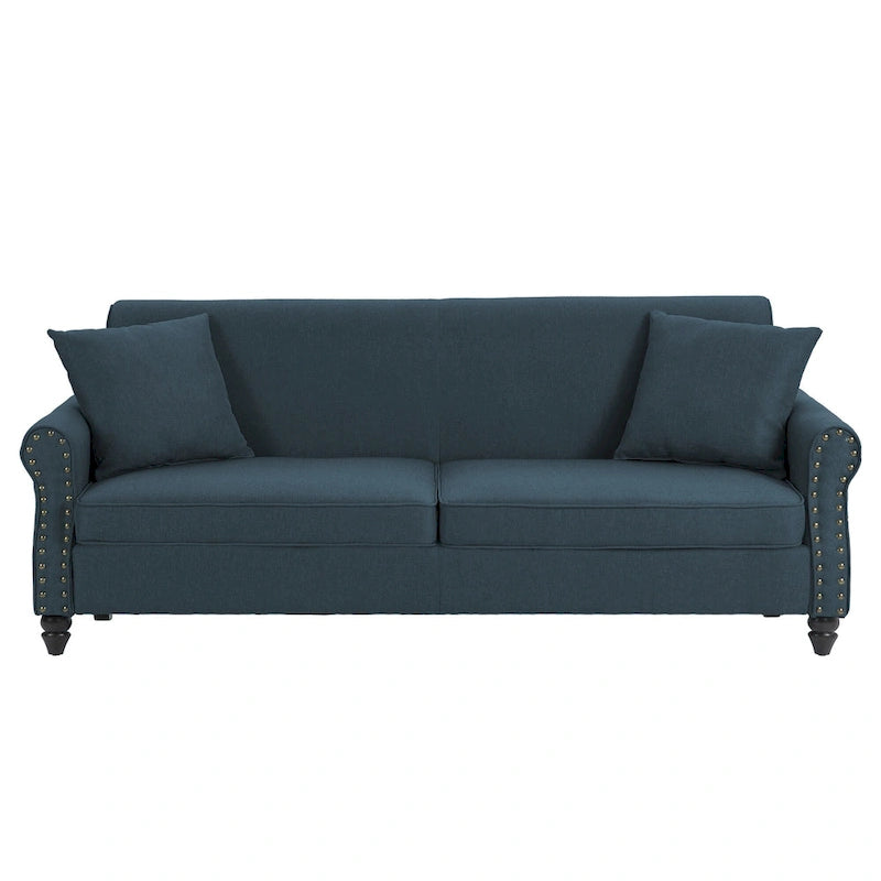 Mid-Century-Modern-Loveseat-Sofa aus Leinen mit Nagelkopfbesatz und gerollten Armlehnen