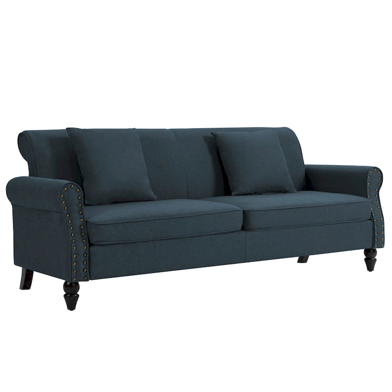 Mid-Century-Modern-Loveseat-Sofa aus Leinen mit Nagelkopfbesatz und gerollten Armlehnen